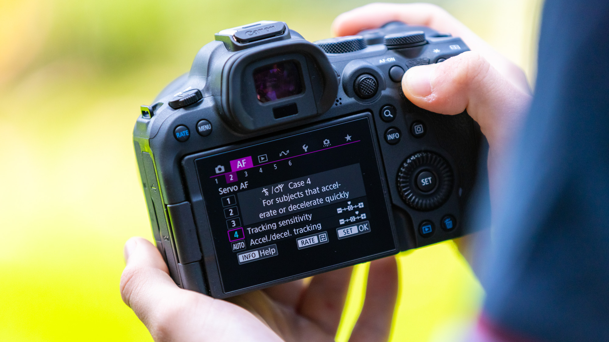 The back of a Canon EOS R5 showing the autofocus case set to Mode 4 for subjects that accelerate quickly