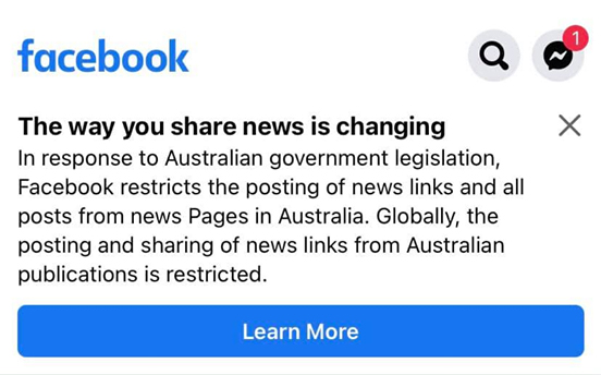 Facebook news ban in Australia