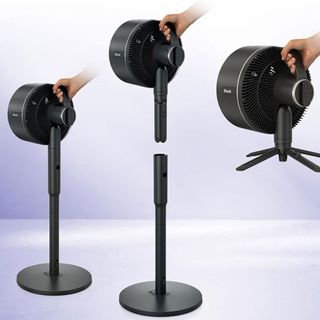 Shark FlexBreeze fan on a pedestal, lifted off its pedestal and opened tabletop pedestal with a blue background