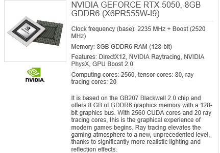 A listing on German retailer Kiebel's website showing the specs of the RTX 5050 chip.