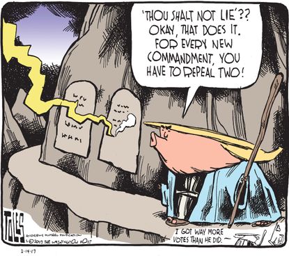 Political Cartoon U.S. President Trump lies Ten Commandments