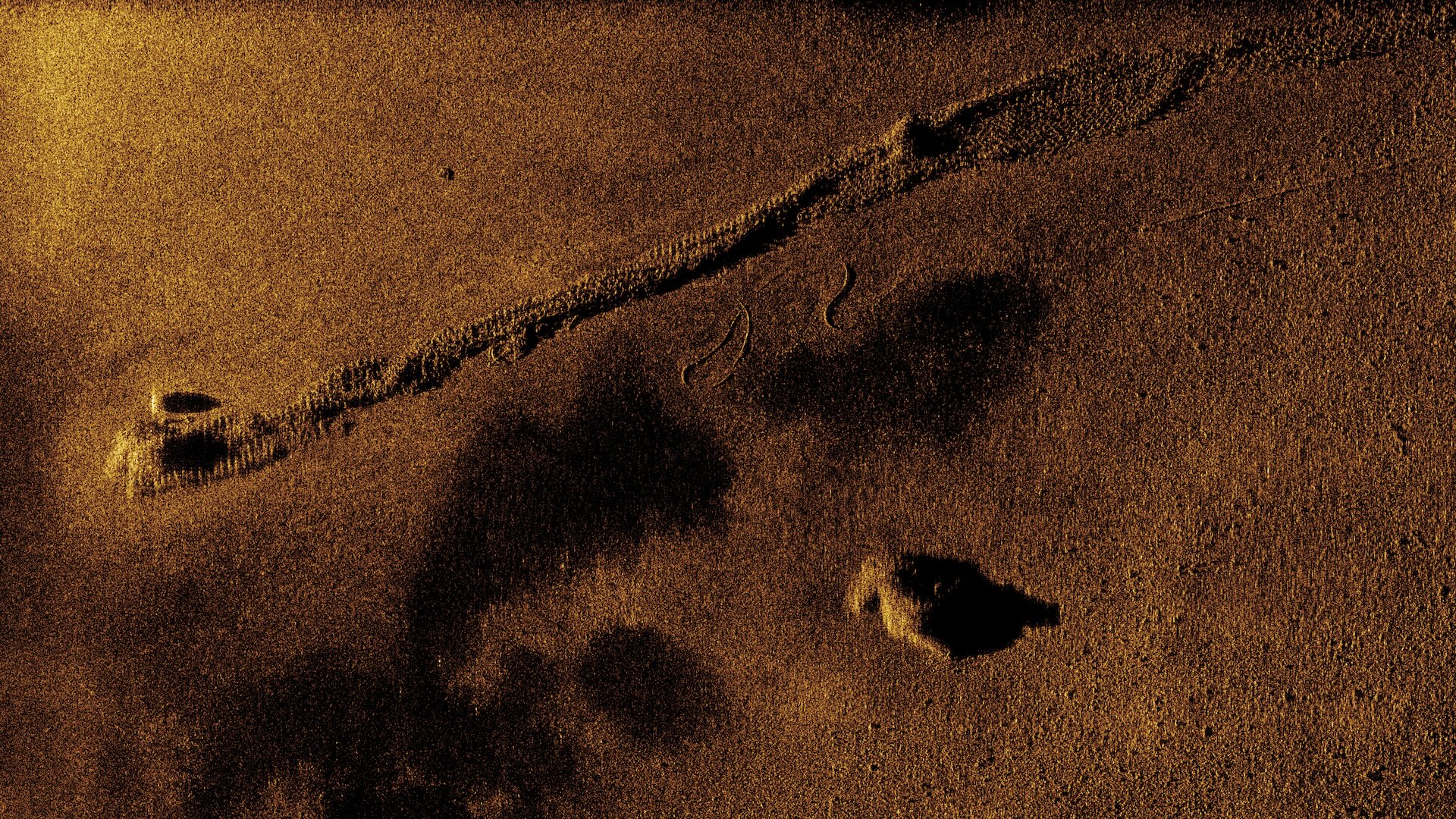 A sonar-generated image showing the shape of a net along the ocean floor