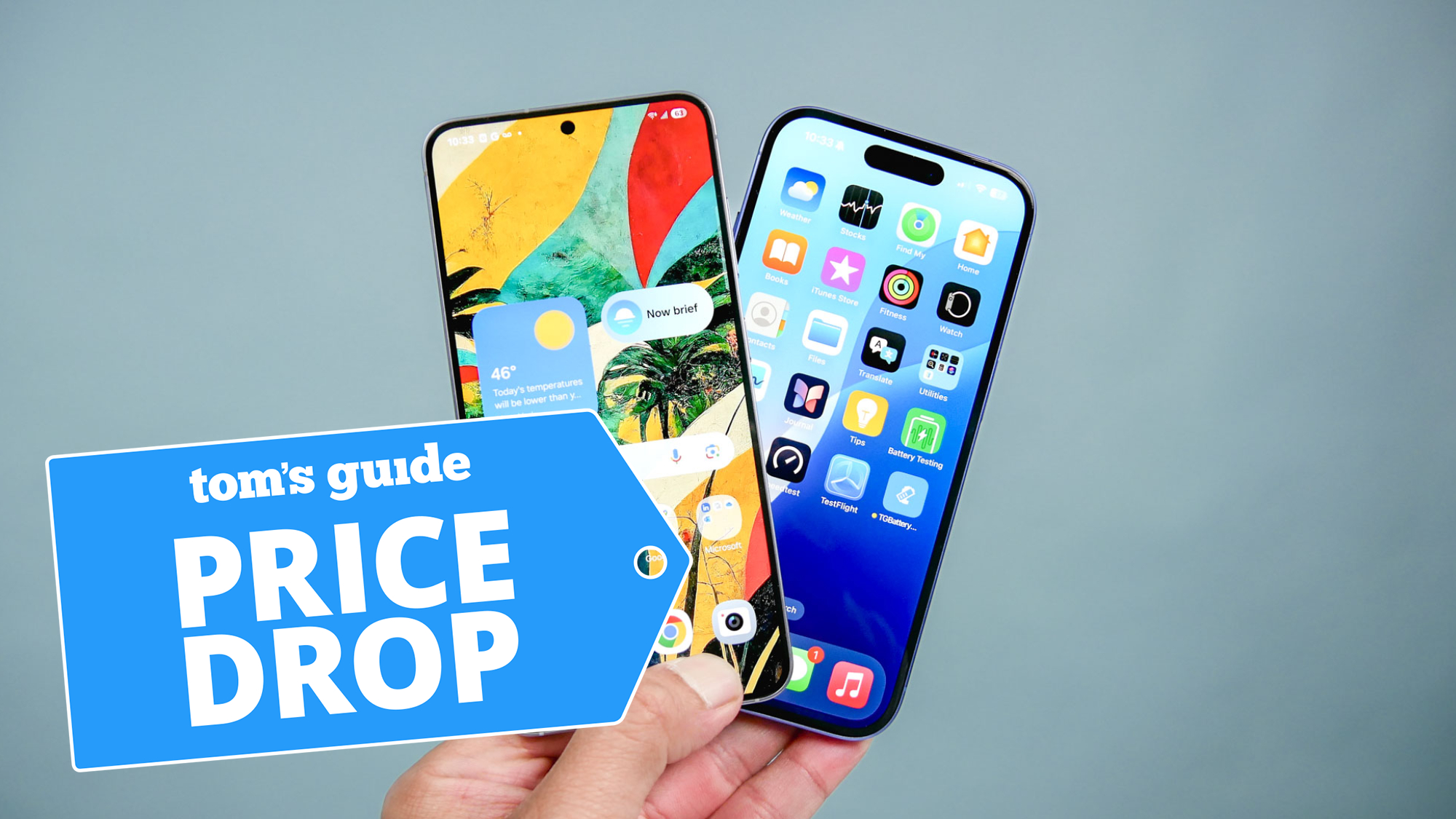Galaxy S25 and iPhone 16 held in hand
