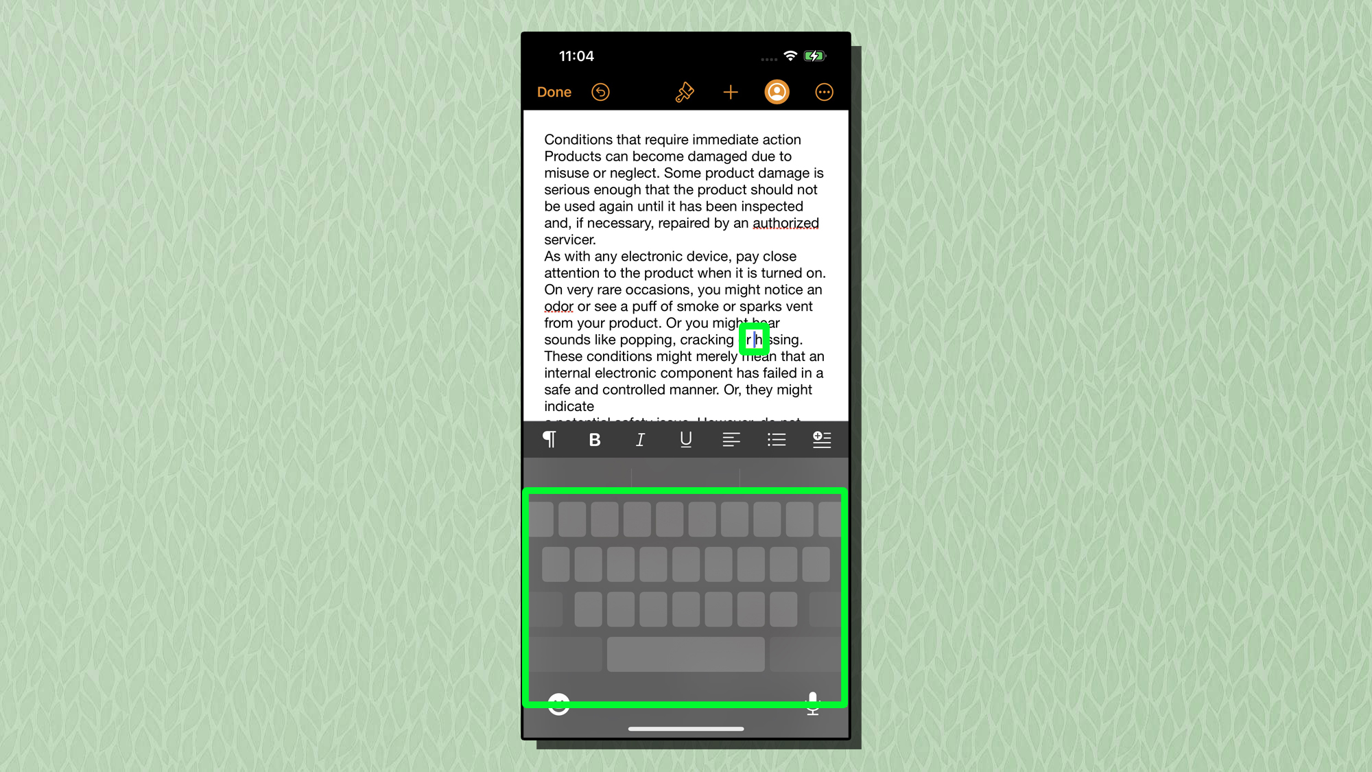 A screenshot showing the hidden trackpad within iOS