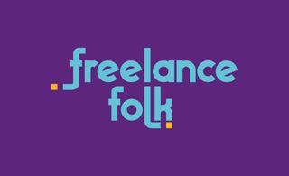 Blue logotype for Freelance Folk against a purple background