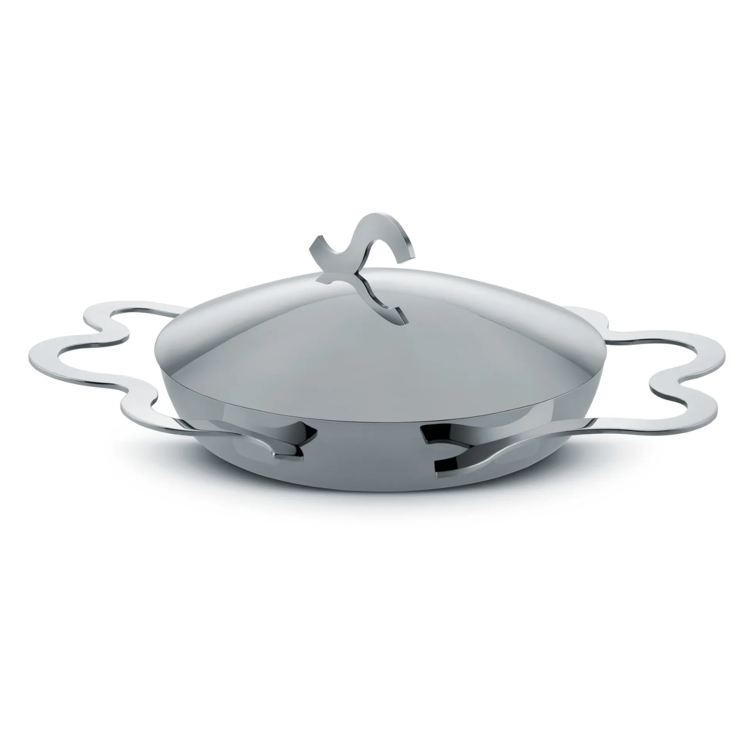 A silver egg frying pan with curved handles and alid by Alessi