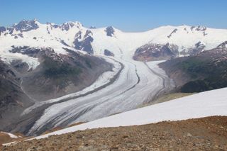 An icefall from the Andrei icefield feeds Hoodoo Glacier, western British Columbia, Canada.