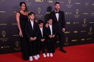 Inter Miami CF's Argentine forward Lionel Messi (R) and his wife Antonella Roccuzzo (L) pose prior to the 2023 Ballon d'Or France Football award ceremony at the Theatre du Chatelet in Paris on October 30, 2023.