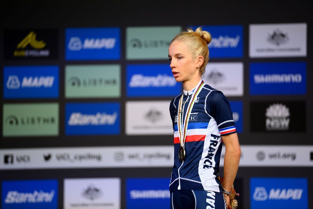 WOLLONGONG AUSTRALIA SEPTEMBER 24 Silver medalist Eglantine Rayer of France poses on the podium during the medal ceremony after the 95th UCI Road World Championships 2022 Women Junior Road Race a 672km one day race from Helensburgh to Wollongong Wollongong2022 on September 24 2022 in Wollongong Australia Photo by Tim de WaeleGetty Images