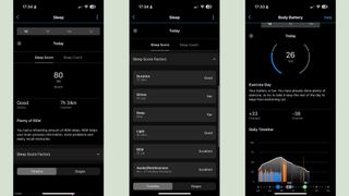 Lauren Scott's sleep profile on Garmin Connect app, showing overnight progress and body battery