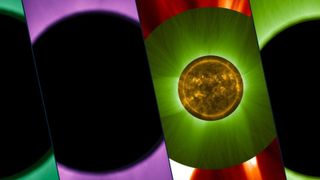 A series of colorful panels with dark spots except one panel that has the sun in a green circle