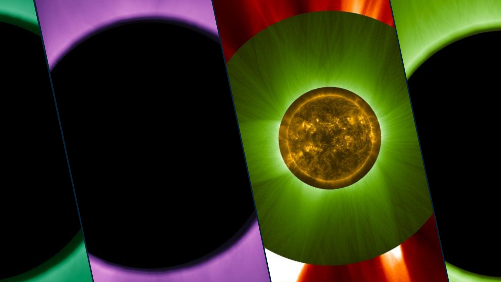 A series of colorful panels with dark spots except one panel that has the sun in a green circle