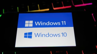 A photo of a screen displaying Windows 10 and Windows 11