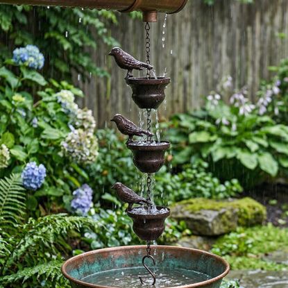 Lzvxtym Bird Rain Chain from Walmart against a backdrop of a rainy garden and water barrel