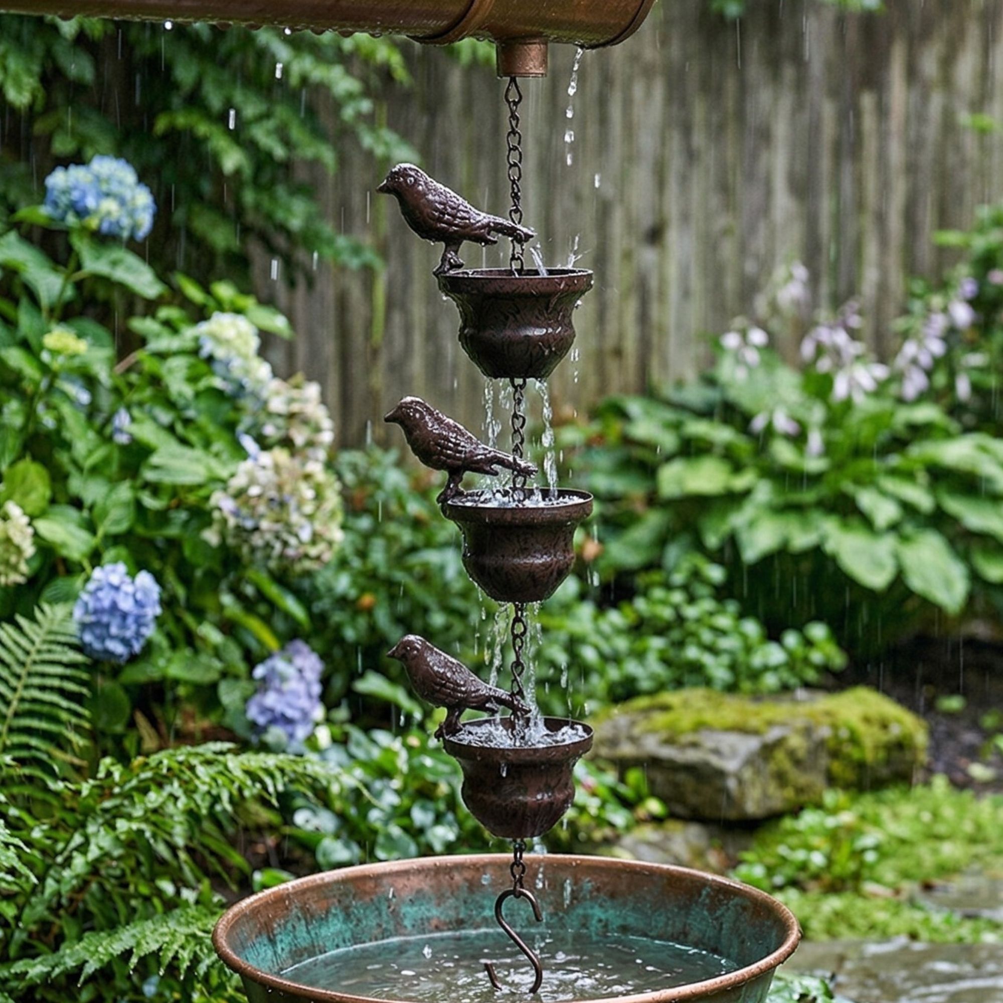 Lzvxtym Bird Rain Chain from Walmart against a backdrop of a rainy garden and water barrel