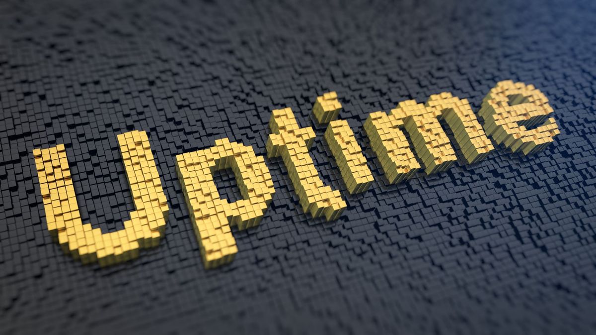 Word &#039;Uptime&#039; of the yellow square pixels on a black matrix background