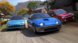 Forza Horizon 6 cars: Four cars racing through rural streets.