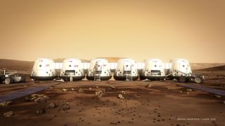 Artist's concept of Mars One astronauts and their habitat on the Red Planet. Mars One aims to land four people on the Red Planet in 2025.