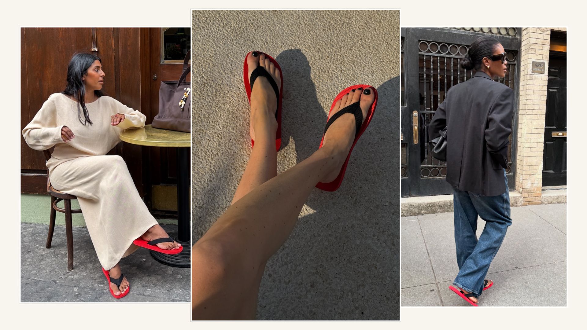 An image of the red-and-black flip-flop trend, one of the biggest summer shoe trends of 2026. 