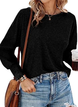 Dokotoo Long Sleeve Shirts for Women Tops Womens Business Blouses Dressy Casual Fall Fashion 2024 Outfits Trendy Plus Size Tops Loose Fit Clothing Shirts Teacher Basic Tees Black Cute T Shirts