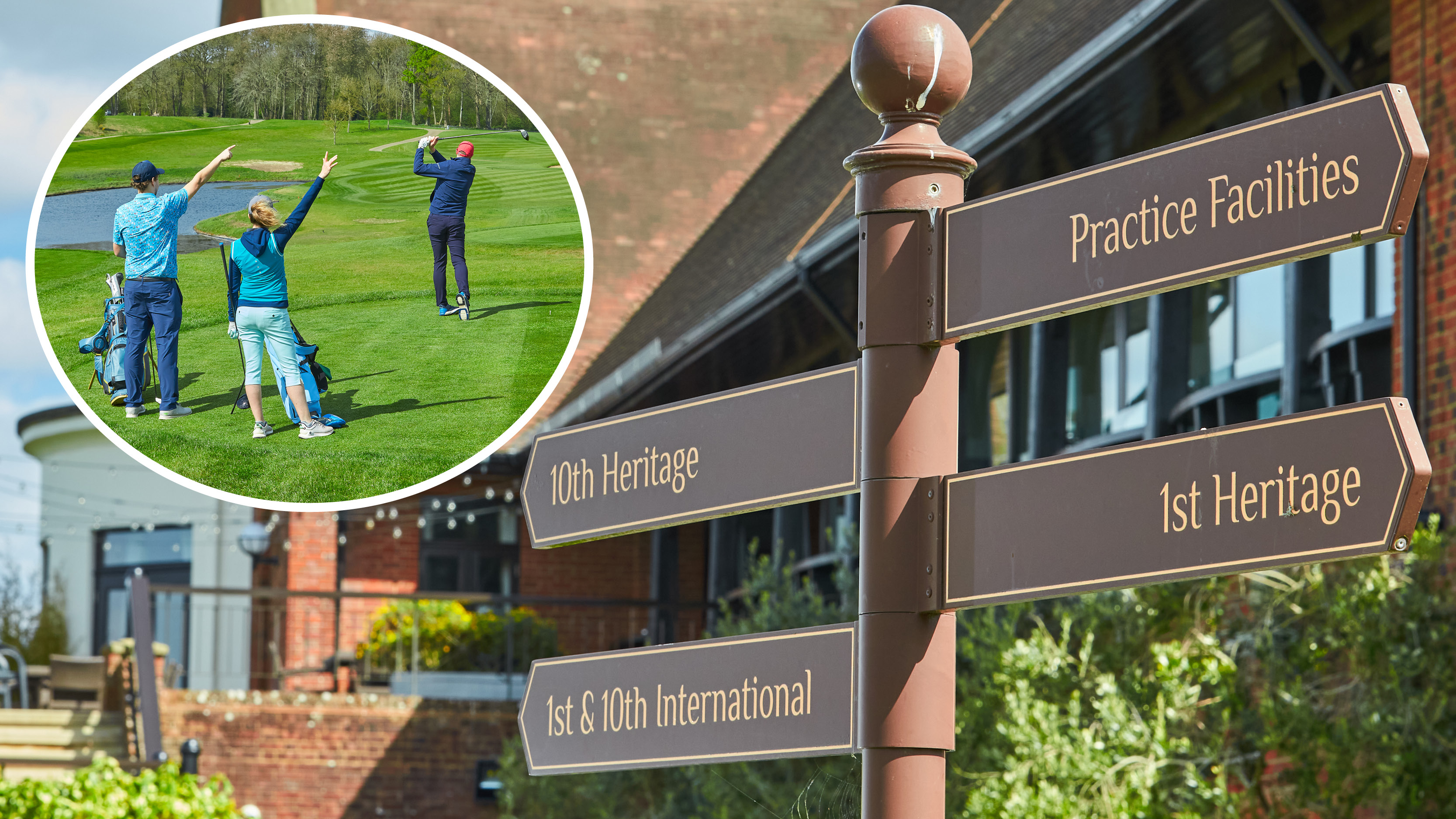 Golf course signage and players shouting fore