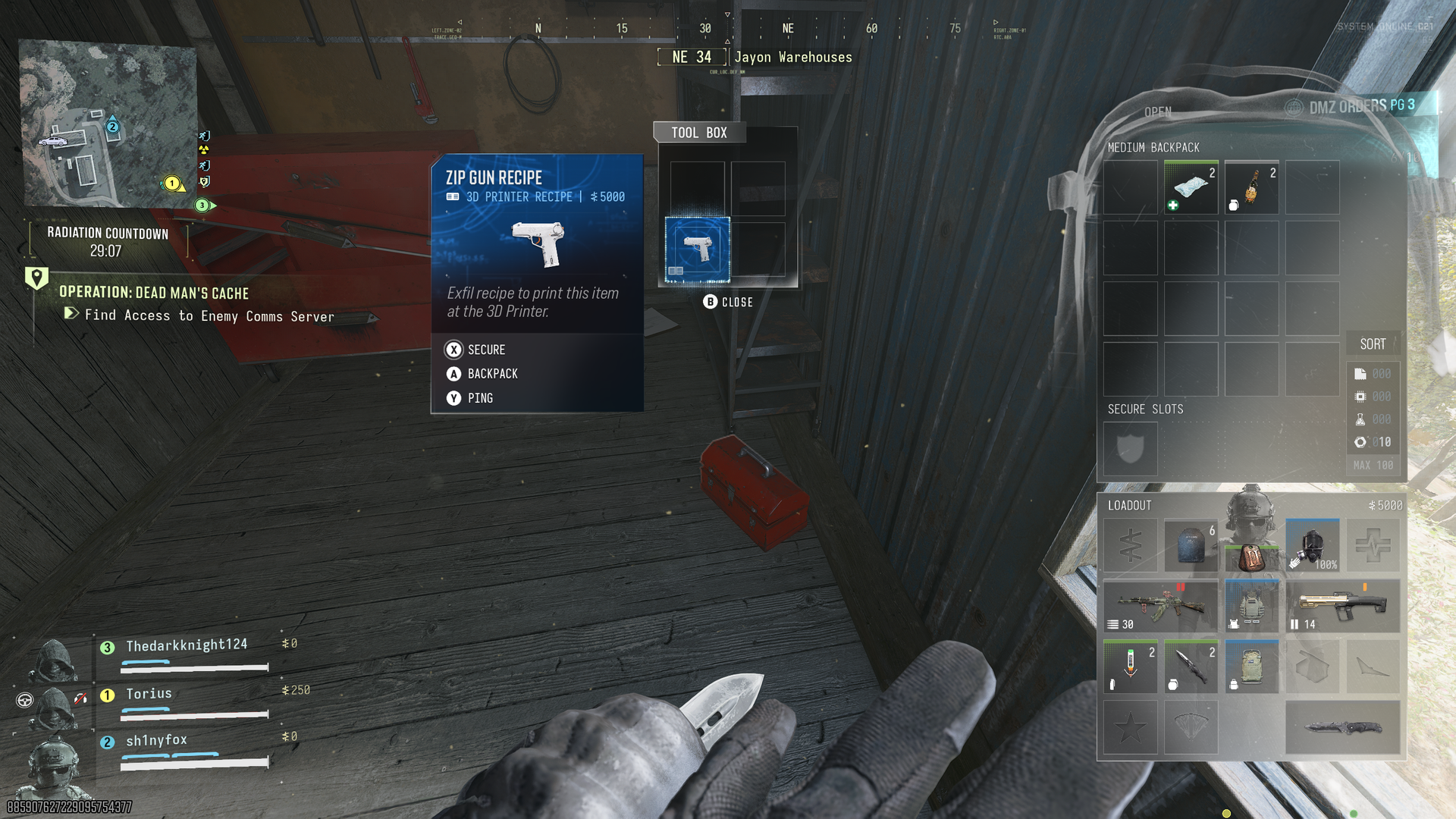 A screenshot from Modern Warfare 4 DMZ showing a Zip Gun Recipe found in a red toolbox and an open Medium Backpack with Secure Slot.