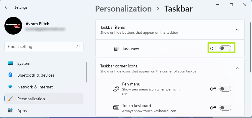 toggle task view to off