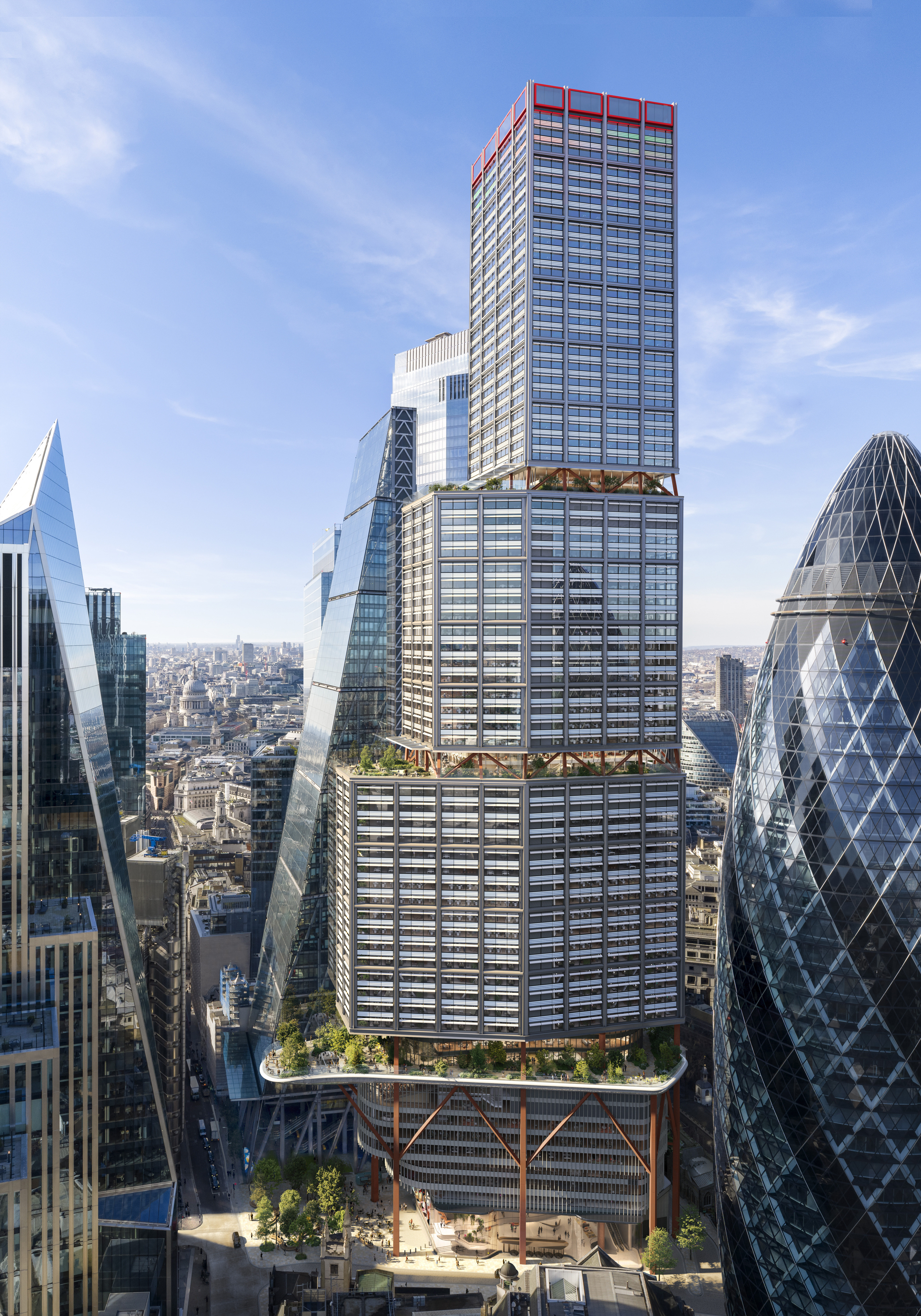 renders of various views of One London, one of London's tallest buildings, a glistening tower in the City