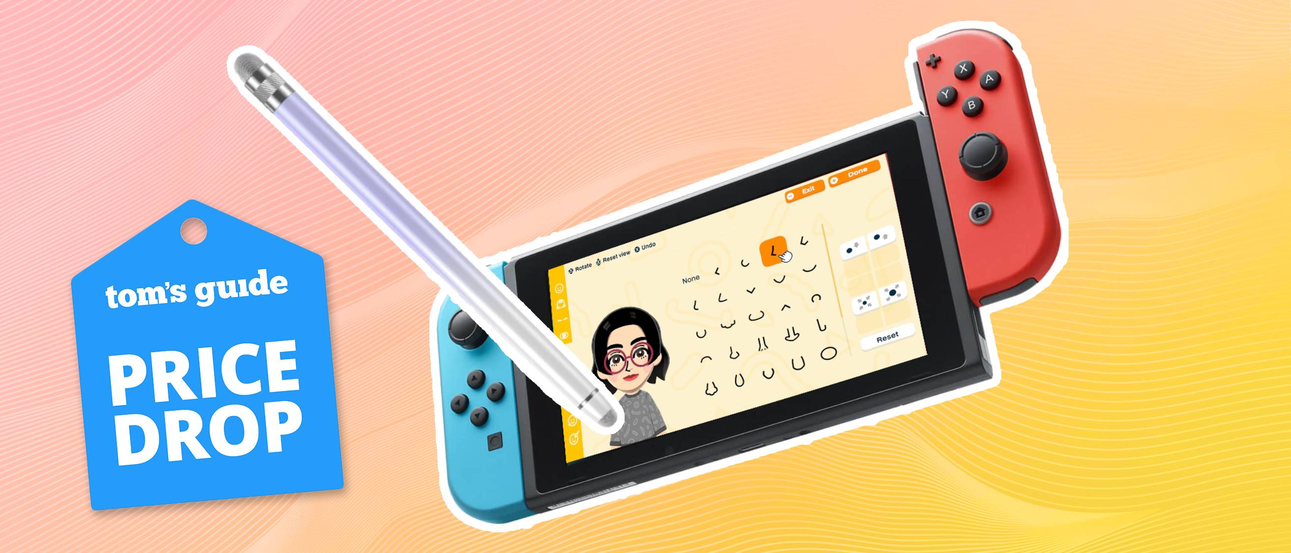Nintendo Switch console displaying Tomodachi Life: Living the Dream game promotional image with a Bopomofo touch screen stylus overlaid