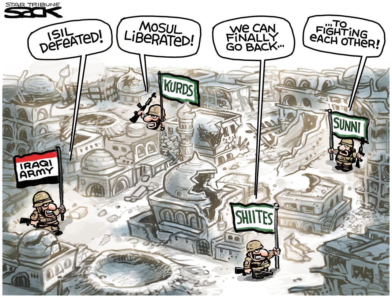 Political cartoon U.S. Iraq Mosul ISIS Middle East conflict