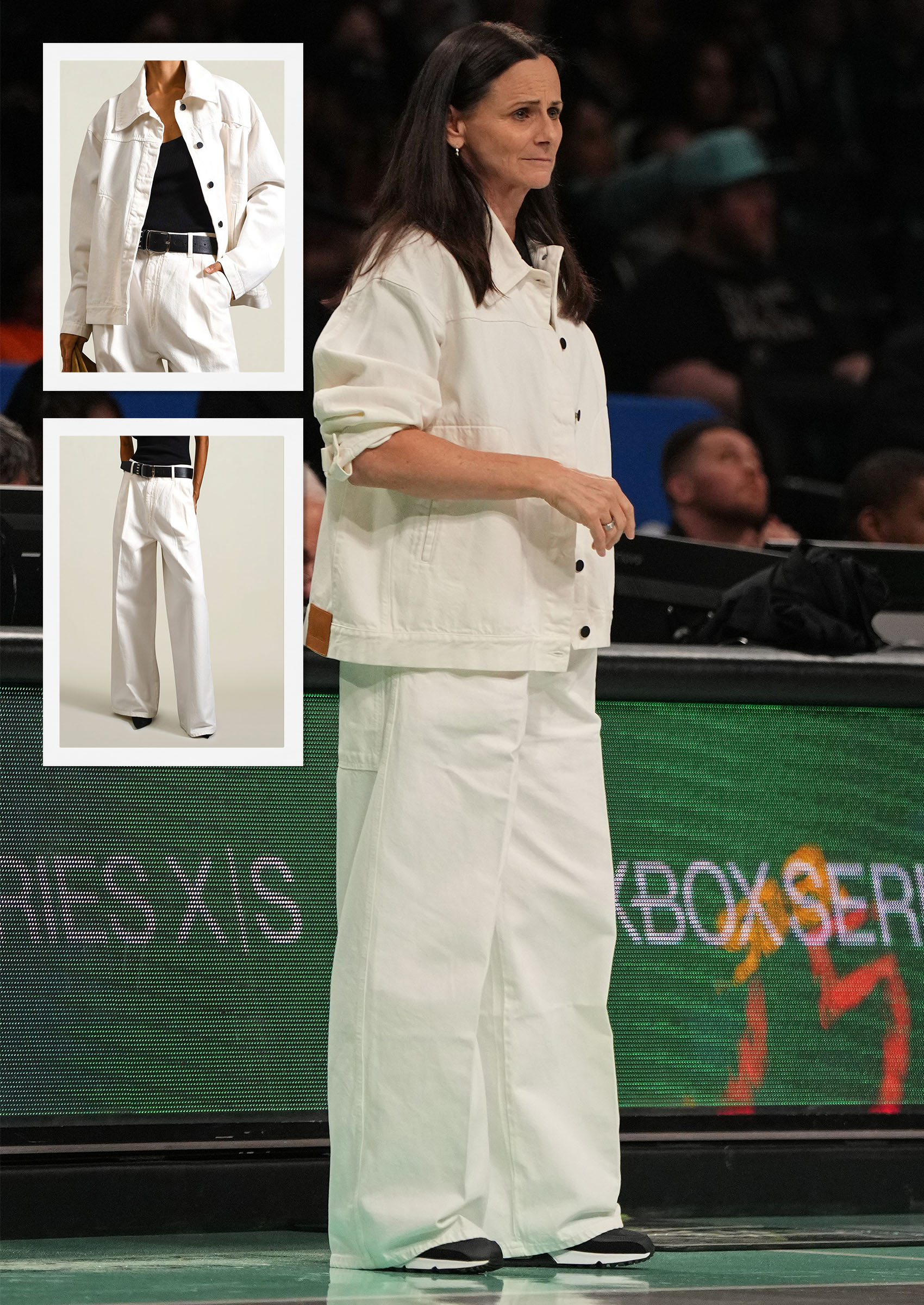 New York Liberty Head Coach Brondello wearing white Kallmeyer jean jacket and matching jeans.