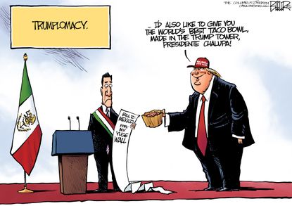 Political cartoon U.S. Donald Trump Mexico 2016 election