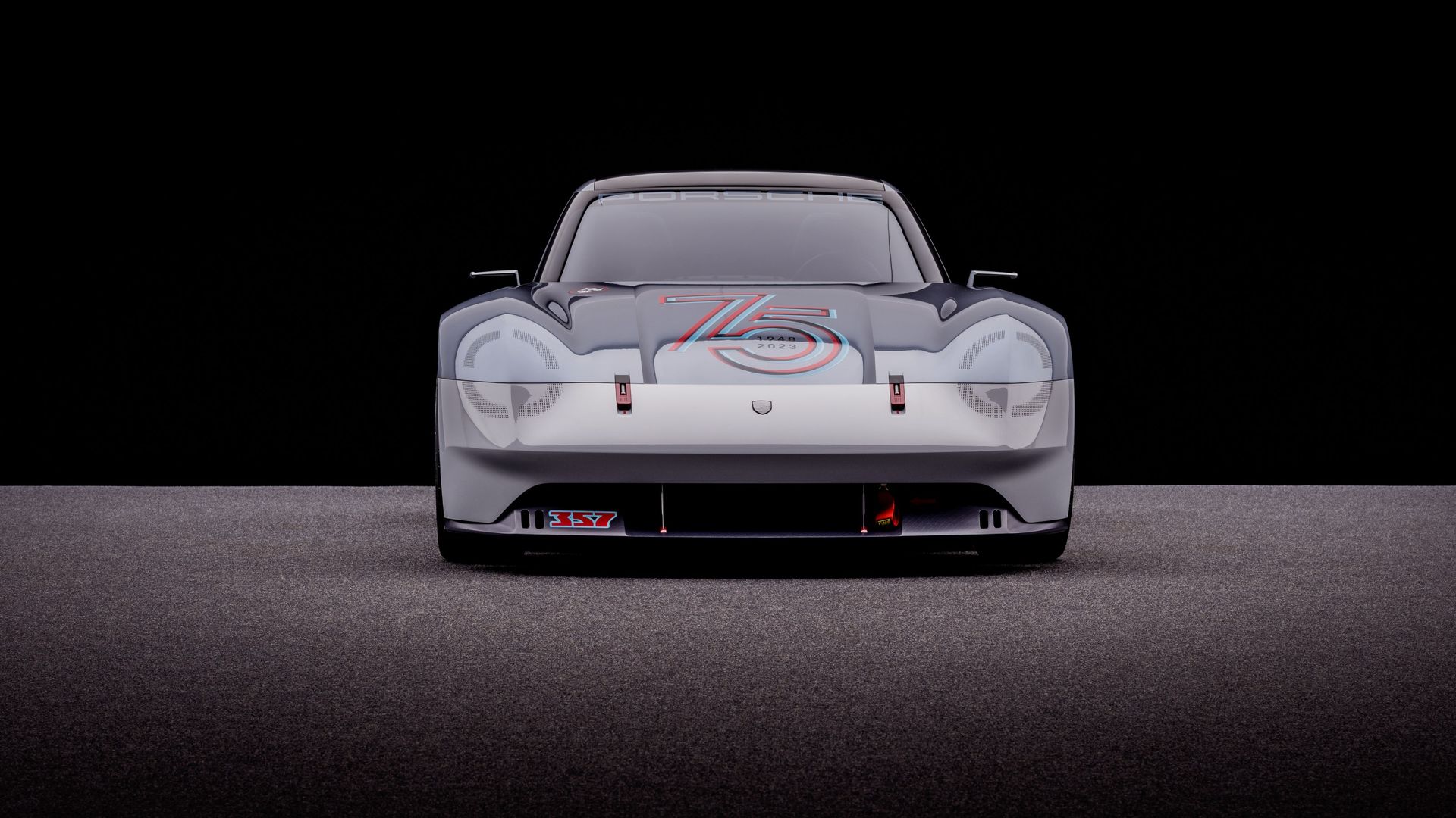 Porsche Vision 357 sports car from the front, with figure 75 on the bonnet