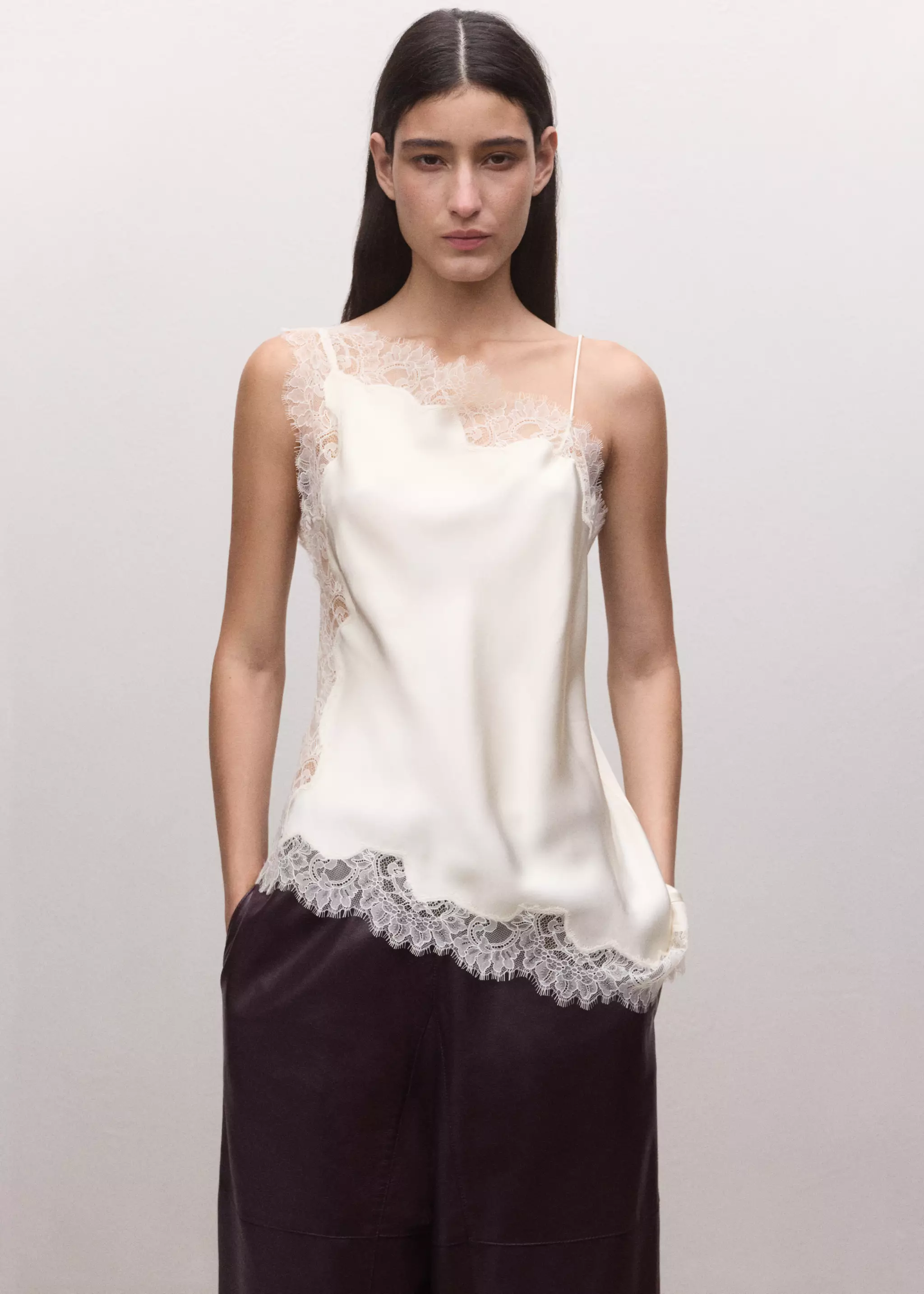 Asymmetric Satin Lace Top - Women | Mango Usa