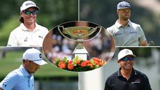 Rickie Fowler, Wyndham Clark, Jordan Spieth, Kurt Kitayama and the FedEx Cup trophy