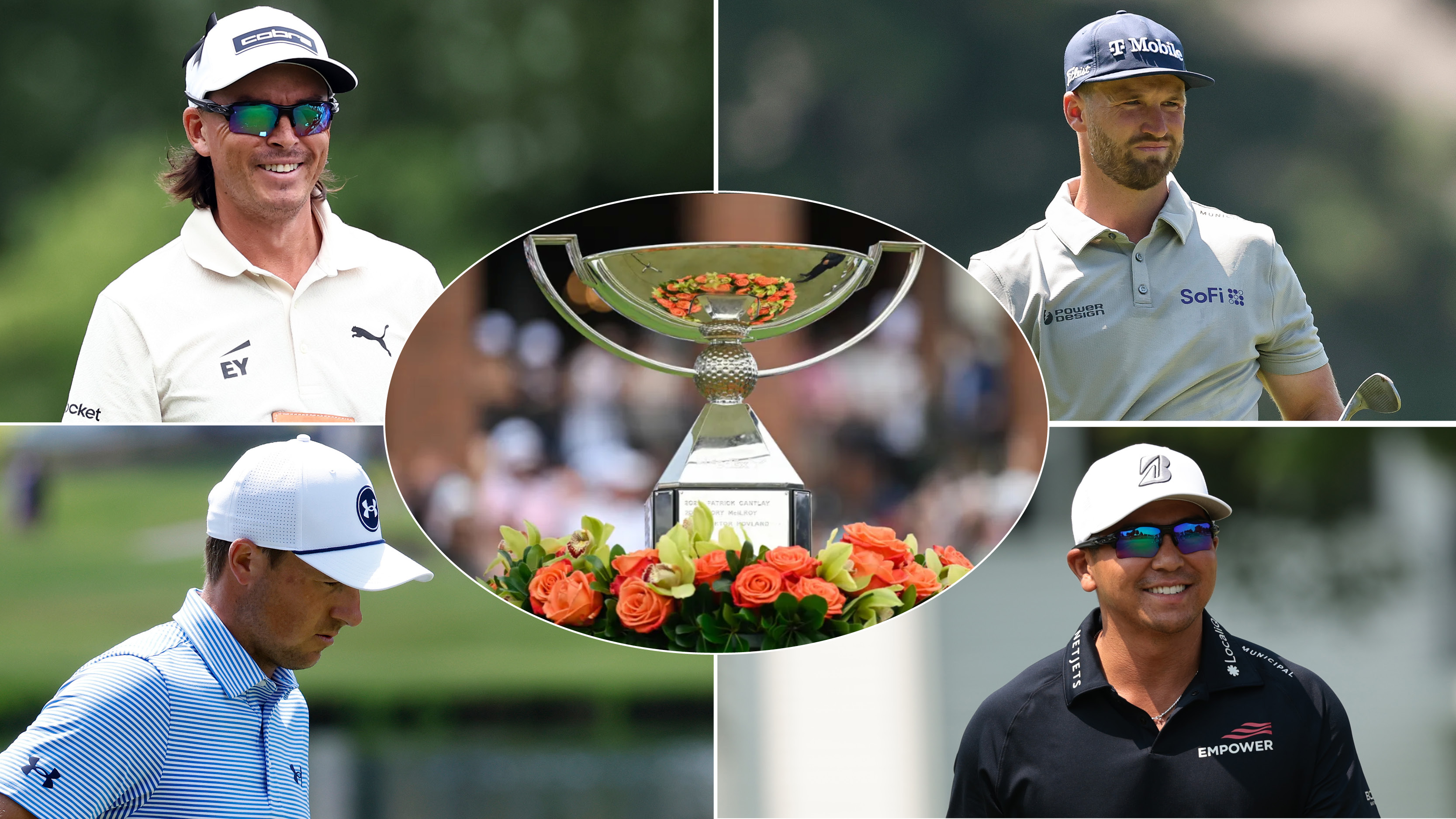 Rickie Fowler, Wyndham Clark, Jordan Spieth, Kurt Kitayama and the FedEx Cup trophy