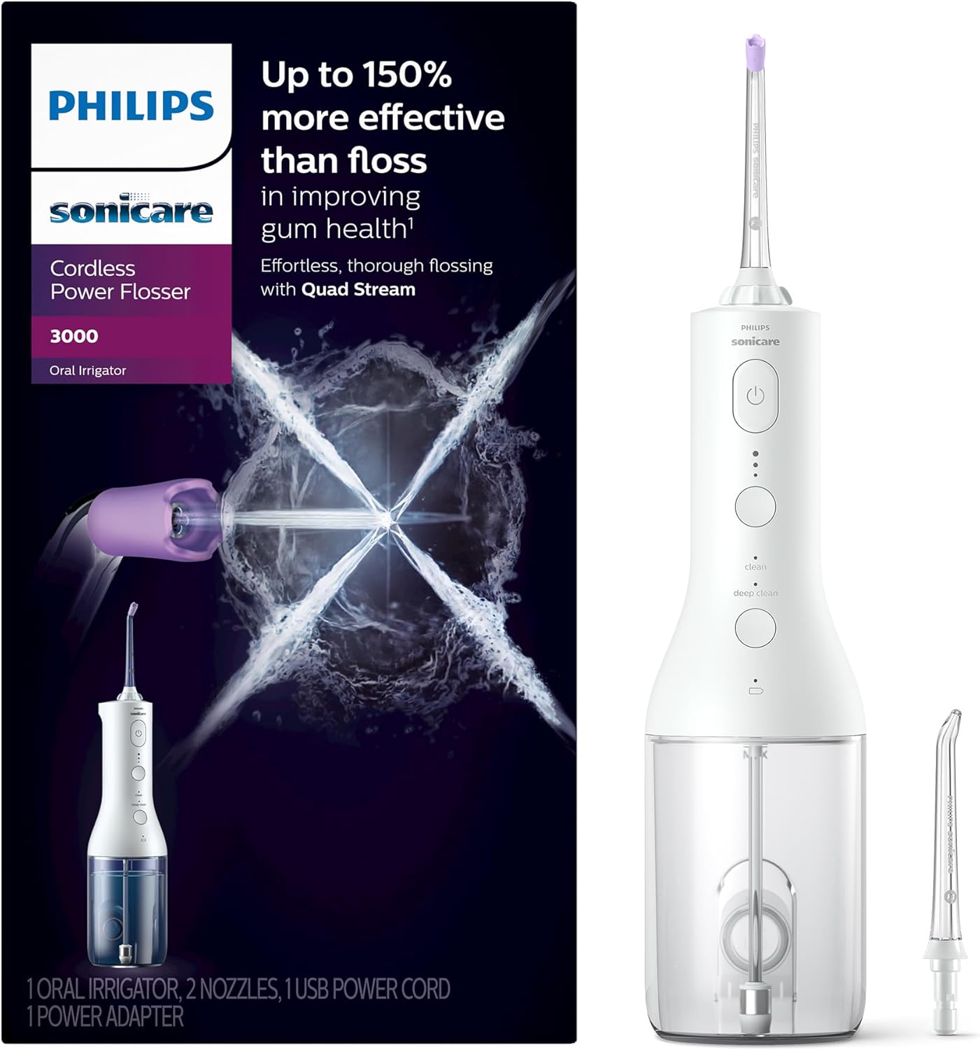 Philips Sonicare Cordless Power Flosser 3000 - Water Flosser With Innovative Quad Stream Technology, Oral Irrigator With 2 Flossing Modes and 3 Pressure Levels, Ipx7 Waterproof, White, Hx3826/21
