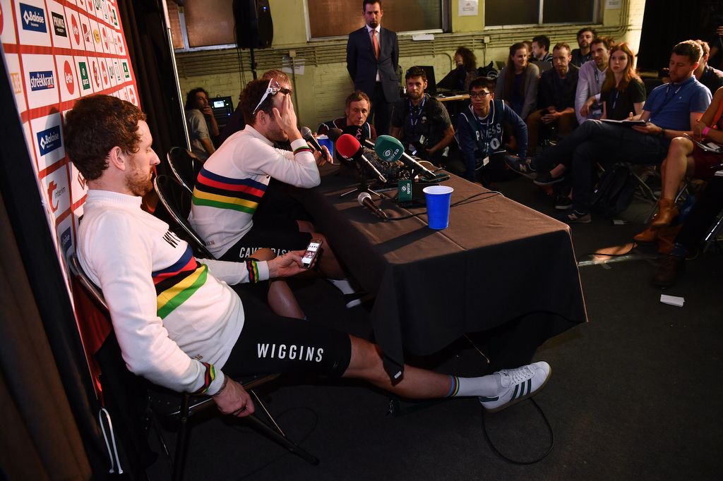 Post-race press conference for Wiggins and Cavendish