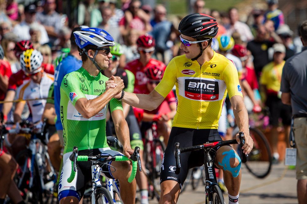 Taylor Phinney (BMC) and Kiel Reijnen (UnitedHealthcare) at the start.