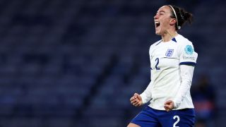 Lucy Bronze of England celebrates after scoring her teams 6th goal during the UEFA Womens Nations League match between Scotland and England ahead of the Euro 2024 Qualifier between England and Sweden