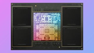 Apple M2 Max chip schematic on a pastel background