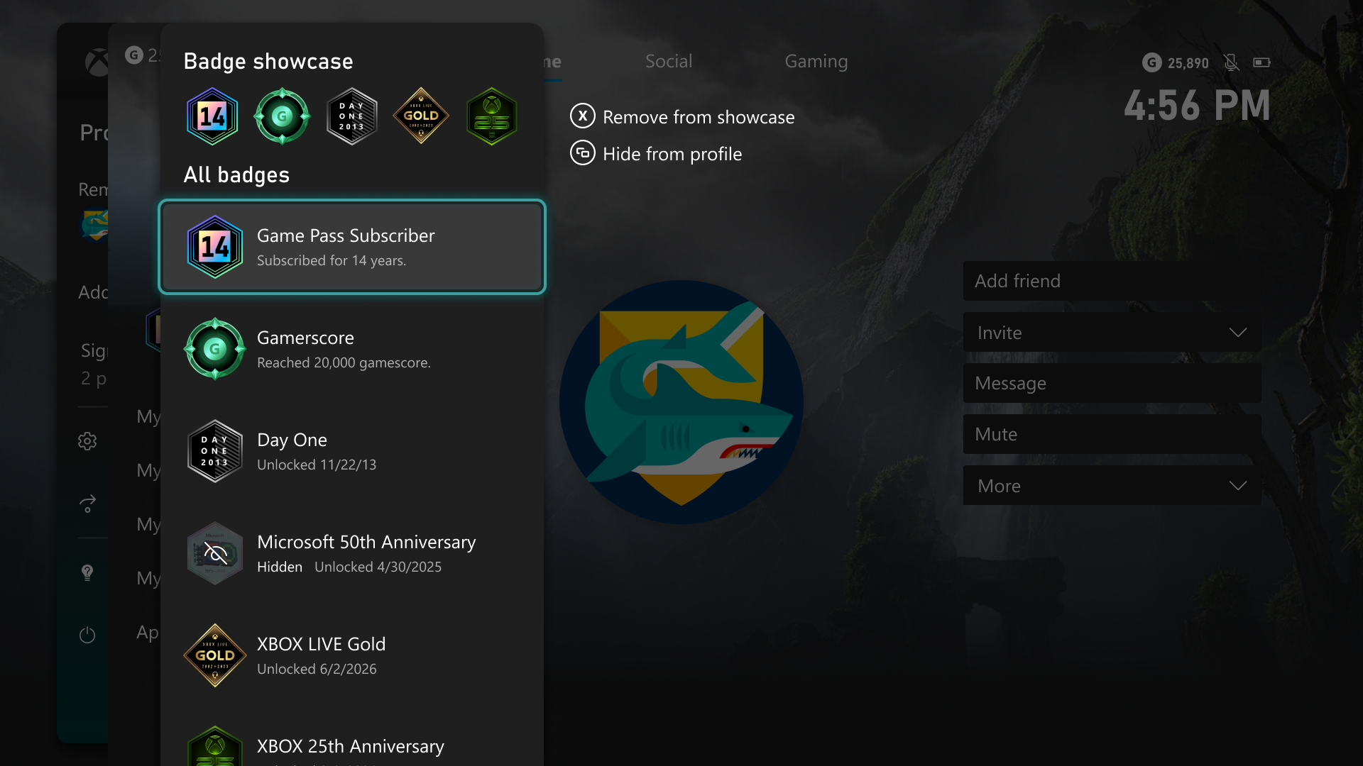 Xbox Badge Showcase menu displaying user profile badges with options to remove or hide them.