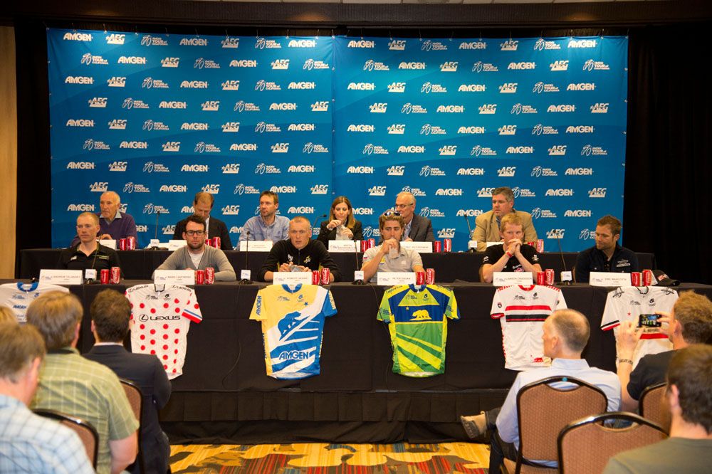 Riders take questions for the press.