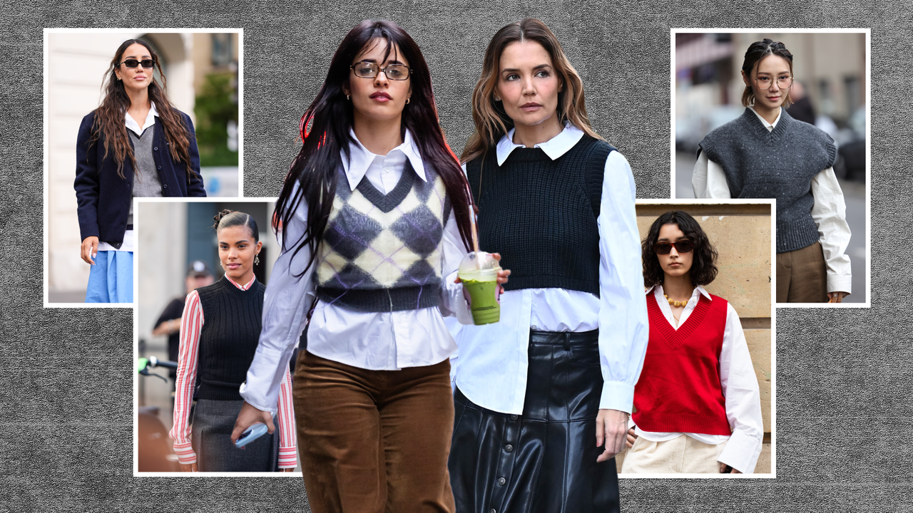 collage of camila cabello, katie holmes, and other women wearing sweater vests 