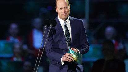 Britain's Prince William, Prince of Wales speaks on stage inside Windsor Castle grounds at the Coronation Concert, in Windsor, west of London on May 7, 2023. 