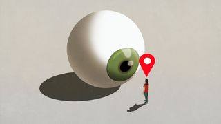 Giant eyeball looking down on woman with GPS tracker on top of her head
