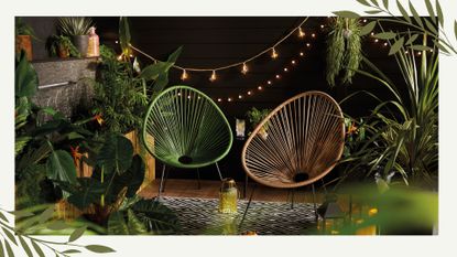 Garden shot at night time showing the new Aldi Acapulco chairs in green and beige under fairy lights