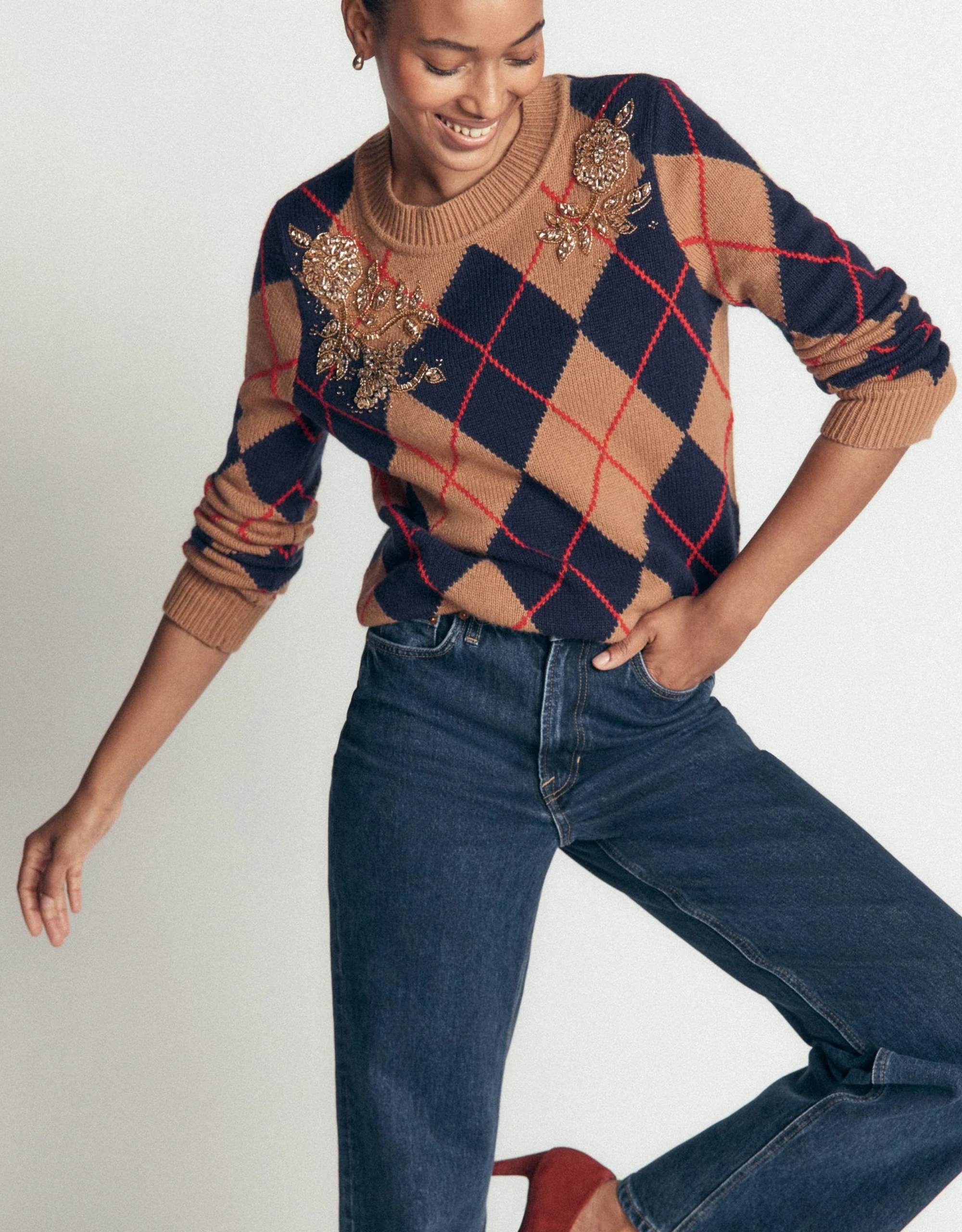 embellished argyle knit with jeans