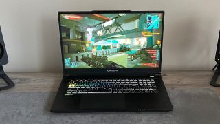 Origin EON17-X v2 gaming laptop on a desk-sized grey mousepad