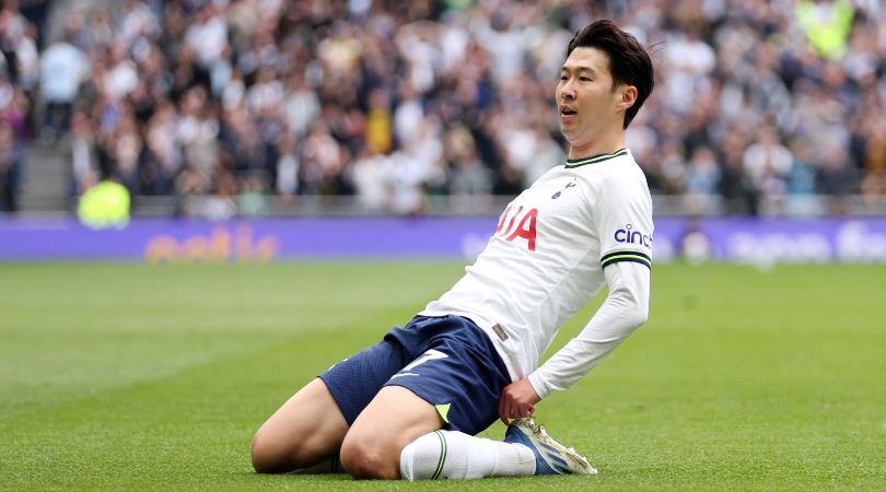 Tottenham's Heung-min Son celebrates after scoring against Brighton in the Premier League in April 2023.
